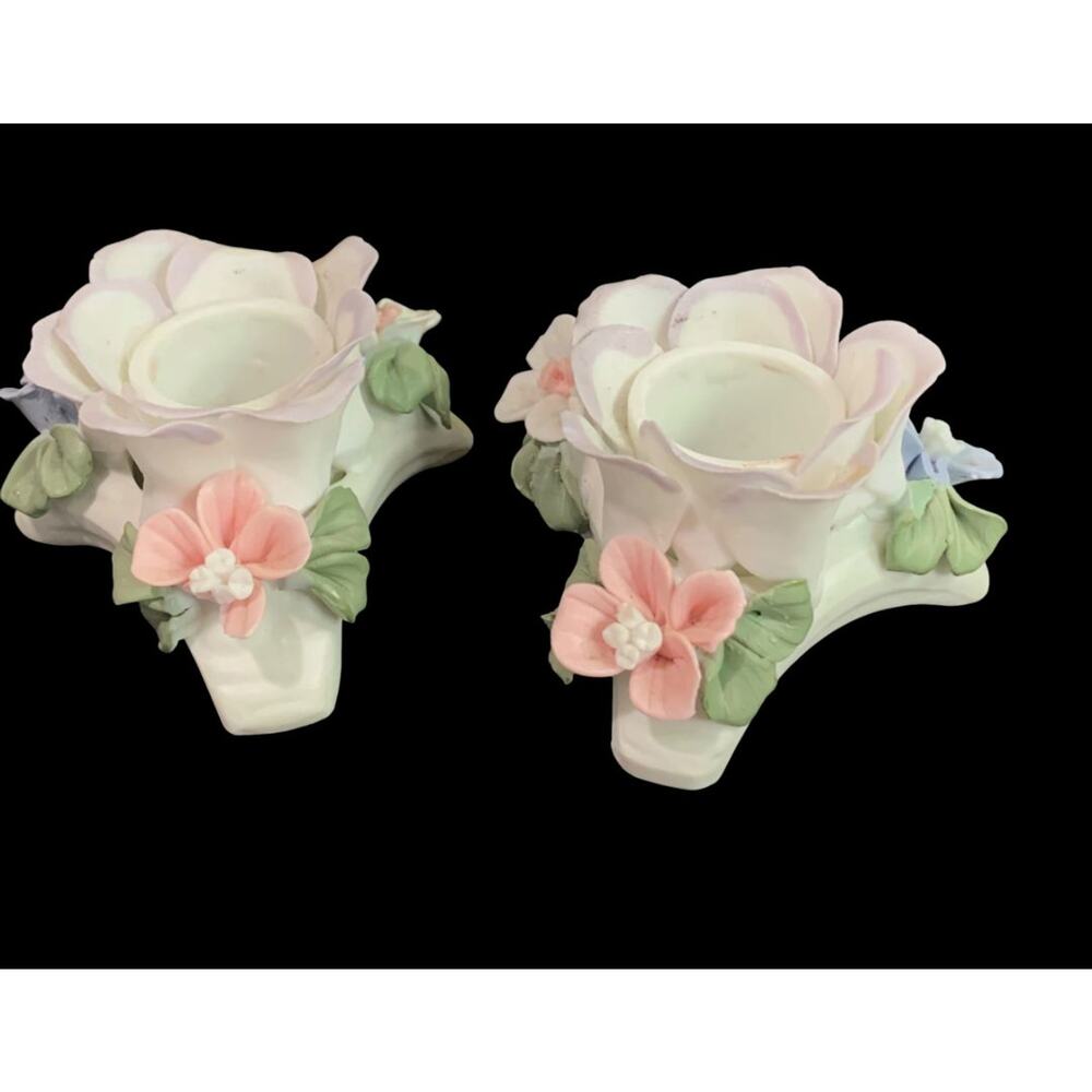 Floral Porcelain Capodimonte Style Taper Candle Holders White Pink Purple